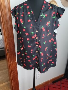 Shein Black Cherry-Print Button Front Flutter Sleeve Blouse
